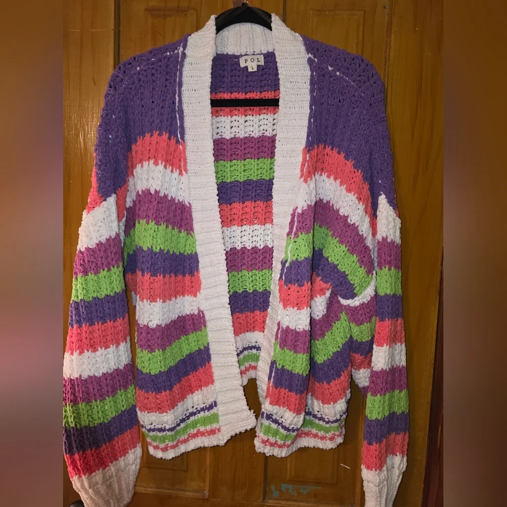 POL Striped Crochet Open Cardigan in Purple, White, Pink, Green